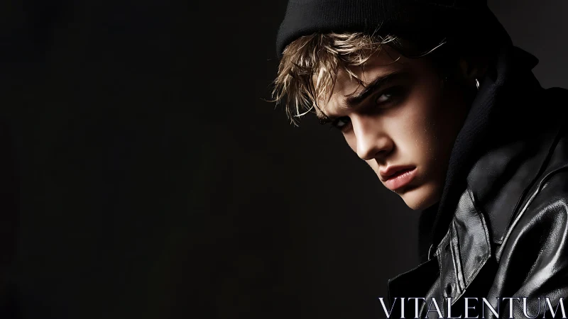 Low key portrait of moody youth in leather with raking light.