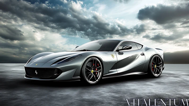 Stormlit silver supercar poised on a sleek open roadway.