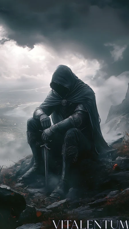 Hooded armored figure seated on rocky bluff in clouded landscape.