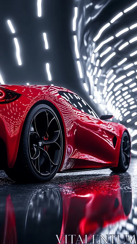 Red supercar in futuristic tunnel with neon motion lines.