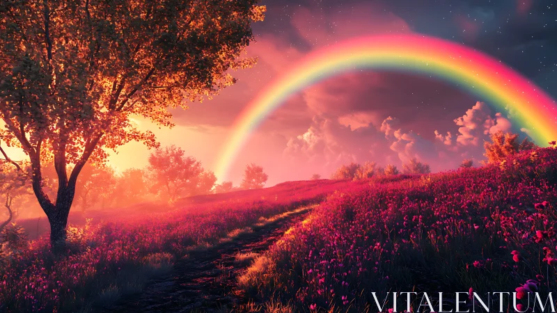 Dreamlit meadow under a flaming sunset rainbow bridge.
