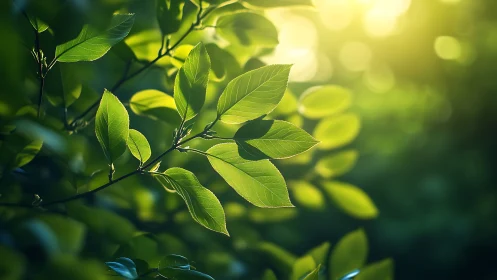 Vibrant Green Leaves in Sunlight, Nature Photography Style.