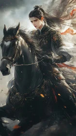 Noble warrior on a midnight steed rides through swirling storm.