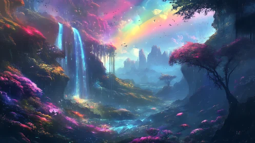 Waterfalls hum beneath a neon rainbow sky of dreamlight