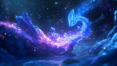 Fantastical Crystal Swan Glowing in Mystical Night Landscape.