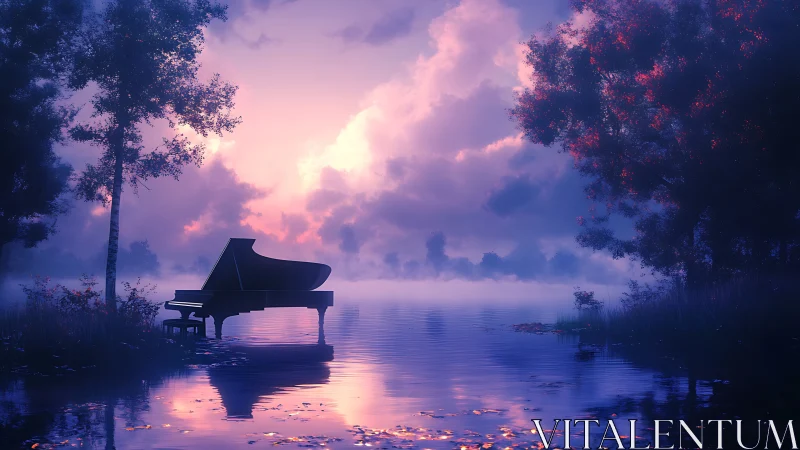 Twilight piano drifts on misty lake beneath luminous clouds.
