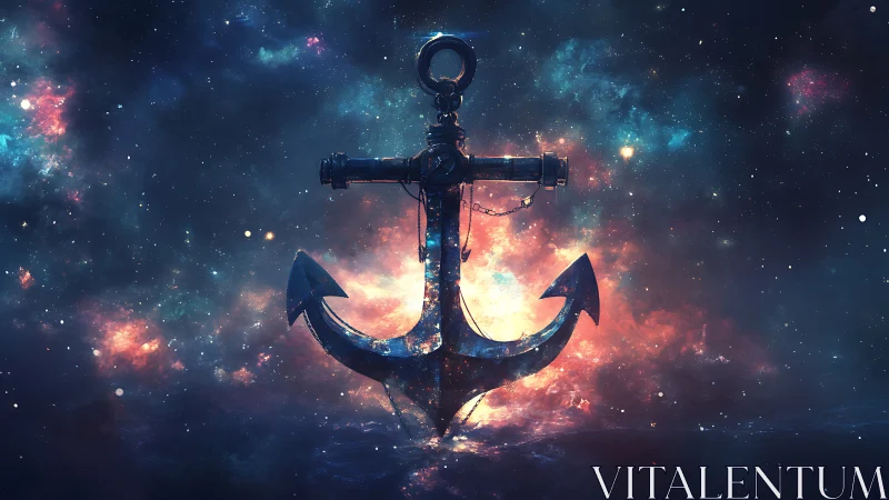 Stellar nebula backdrop framing rusted maritime anchor silhouette