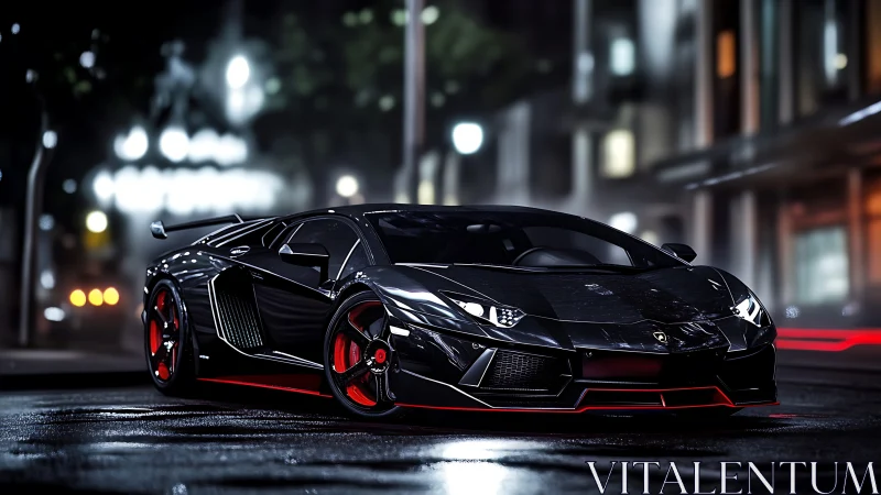 Black supercar cuts through wet neon city street at night