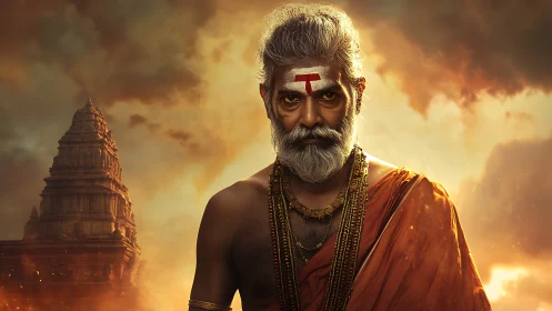 Elderly Hindu sage in saffron robes under dramatic temple sky