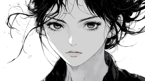 Intense monochrome anime portrait captures fierce resolve.