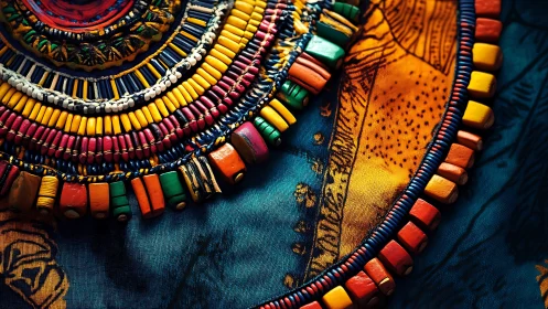 Colorful tribal necklace arcs over patterned fabric background.