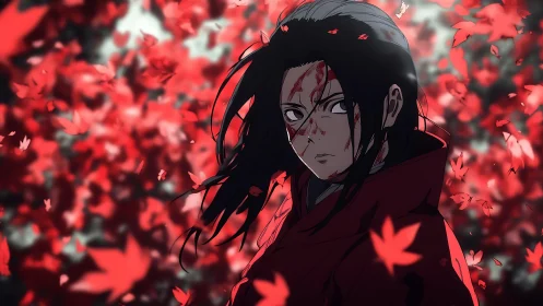 Bloodstreaked warrior in crimson kimono amid swirling maple leaves