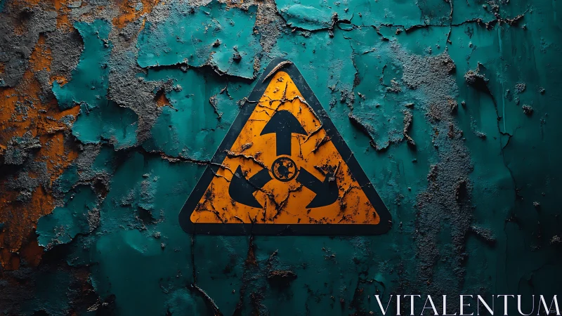 Radioactive warning symbol on corroded teal metal wall