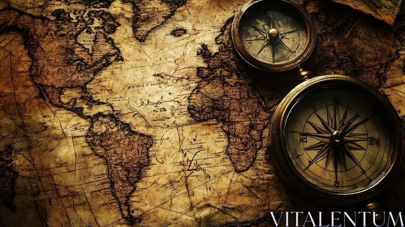 Weathered world map and compass for cozy daydream travel.