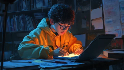 Digital painting of focused student working by laptop.