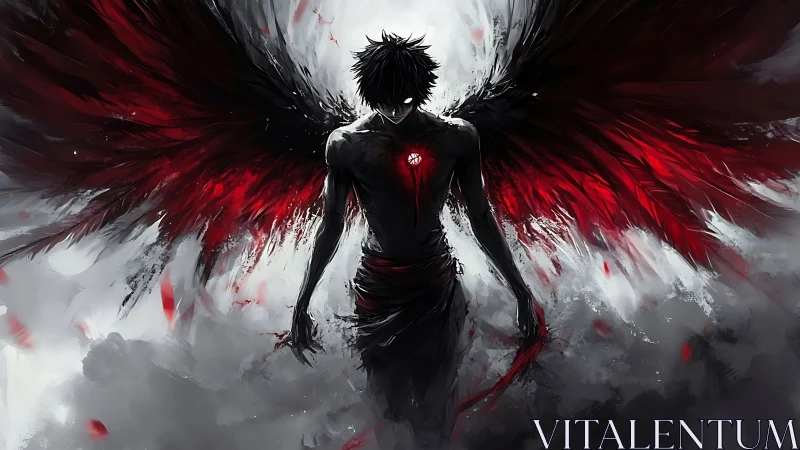 Winged humanoid silhouette stands in red and black clouds