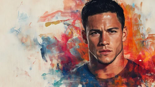 Vivid portrait of a focused man in swirling color storms.