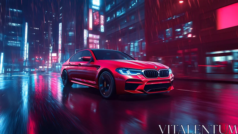 Red sports sedan moves through neon city street at night