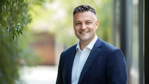 Shallow depth-of-field corporate headshot with natural bokeh background