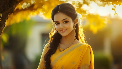 Backlit portrait of woman in yellow saree with shallow depth of field