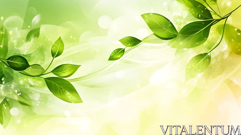 Glowing green leaves drift through luminous abstract light.