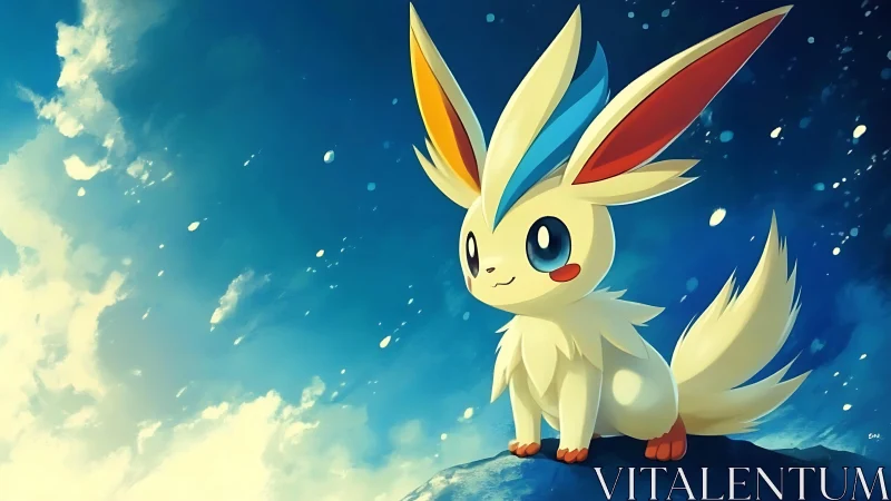 Stylized creature illustration is positioned against sky backdrop