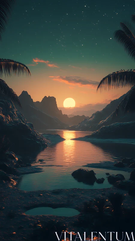 Gentle tropical sunset over a quiet starlit lagoon.