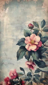 Vintage floral illustration shows pink blossoms on blue ground