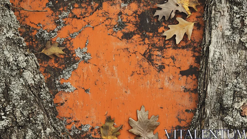 Weathered orange panel framed by lichen bark and leaves.