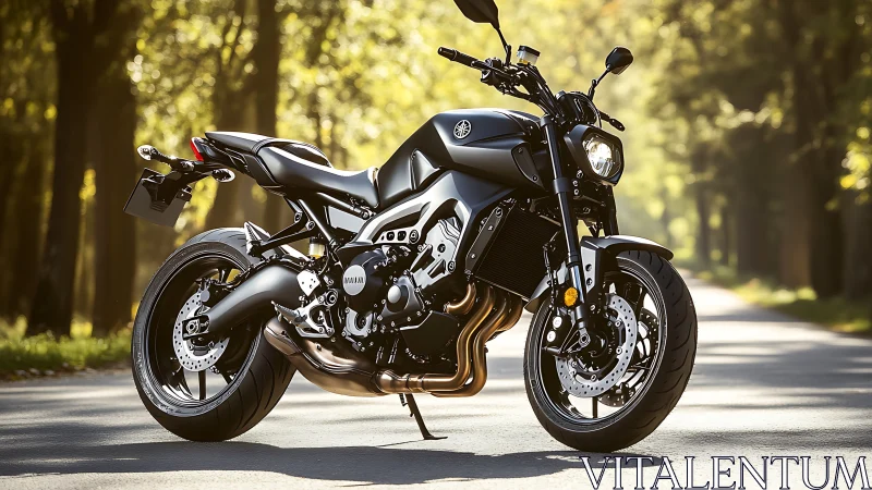 Sport naked motorcycle parked on sunlit forest road.