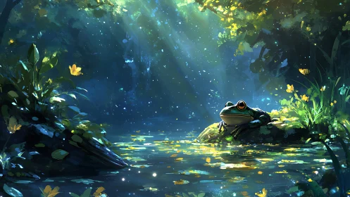 Bioluminescent forest pond with contemplative frog in dappled light