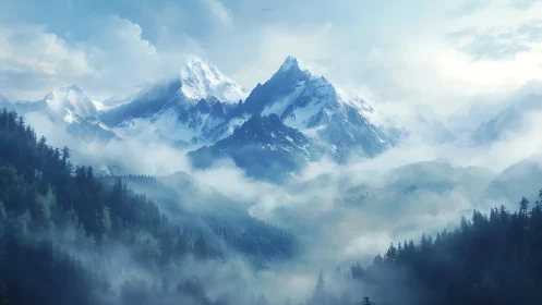 Gentle blue mountains rising over drifting forest mist.