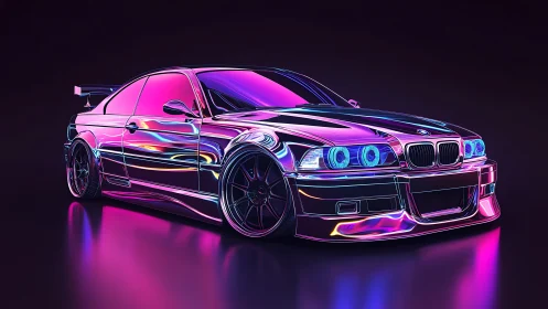 Neon chrome BMW coupe glows under vibrant cyberpunk lights.