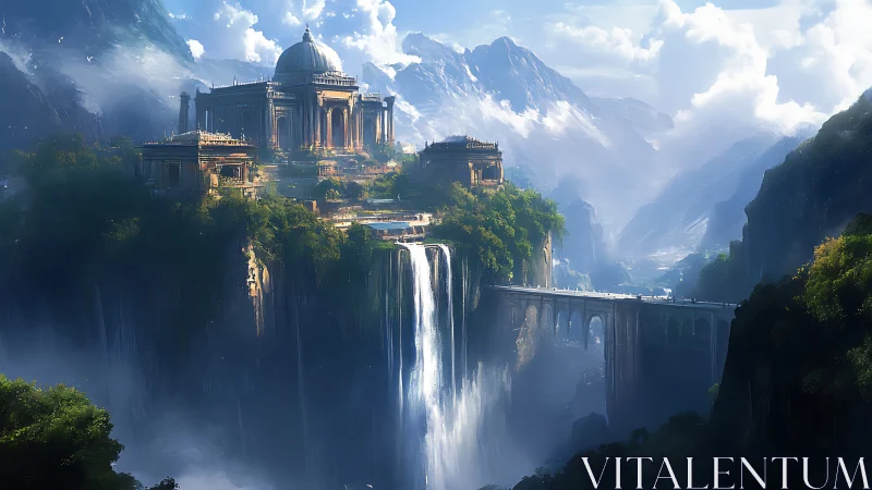 Skyfall citadel over roaring abyss and mist-veiled peaks.