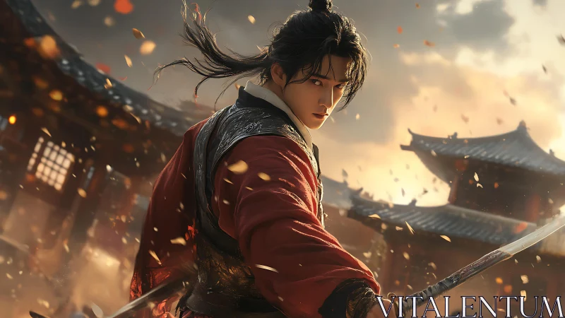 Dynamic wuxia swordsman amid cinematic temple battlefield.