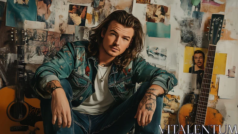 Long-haired male subject with guitars in mixed-media studio.