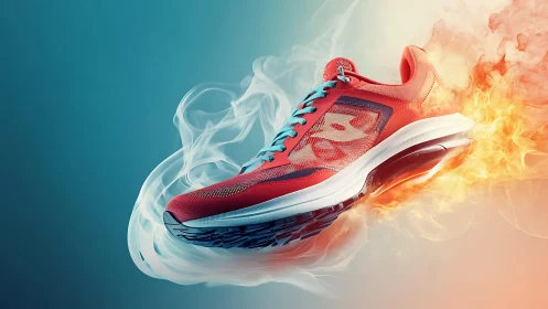 Dynamic running shoe rendered with fire and smoke effects