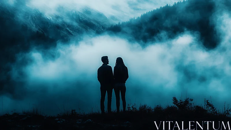 Silhouetted figures observe layered mountain valley engulfed in dense stratified fog