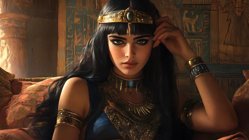 Regal Egyptian woman rests in golden light and quiet power