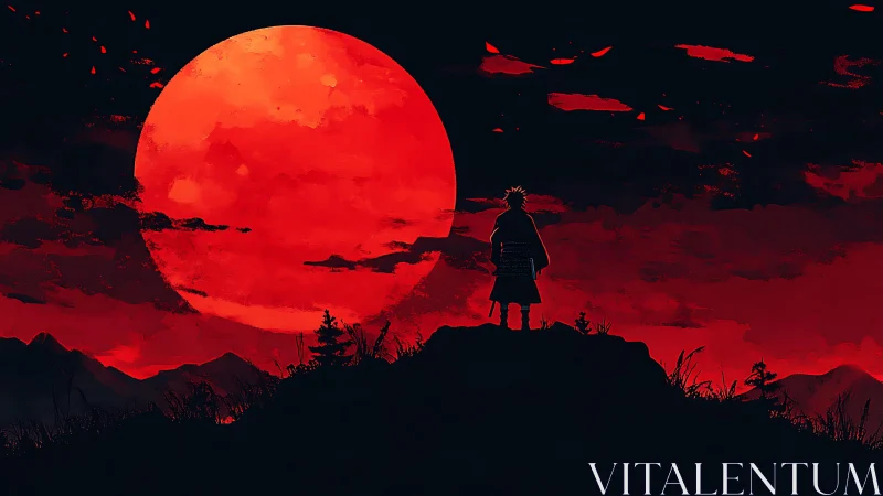 Lone warrior contemplates a looming crimson moon in silence