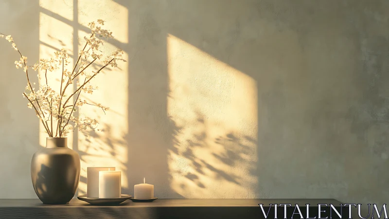 Minimalist sideboard with vase and candles in warm light.