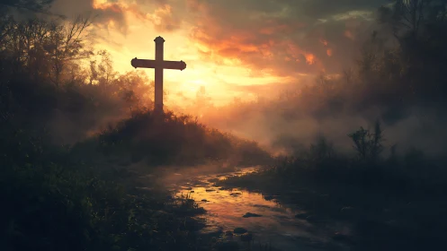 Wooden cross at sunrise over misty riverside landscape.