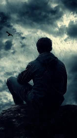 Solitary figure brooding on cliff beneath storm-laden sky.