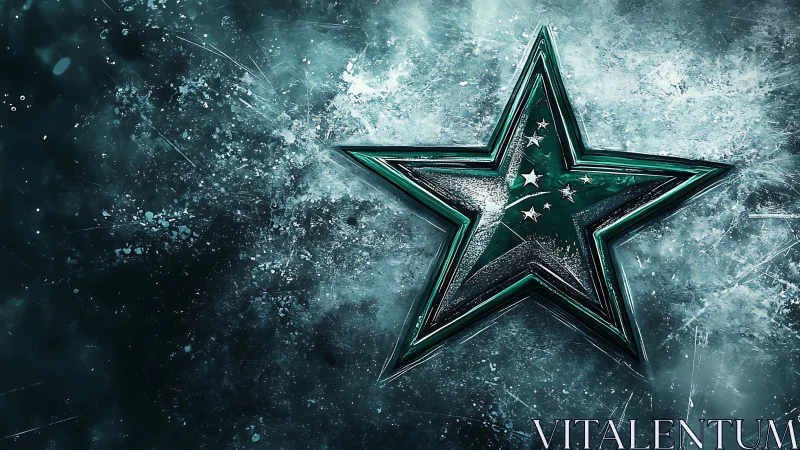 Emerald metallic star explodes across icy textured field