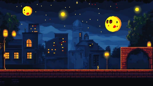 Midnight pixel city under twin smiling moons aglow.