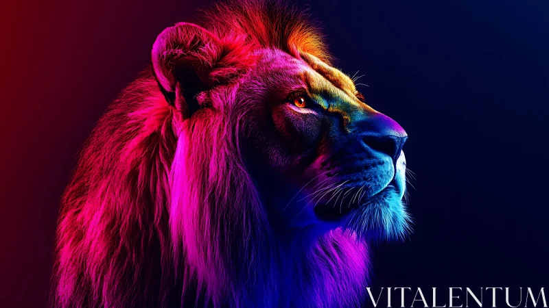 Side profile lion portrait uses saturated neon lighting