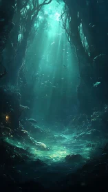 Submerged cavern flooded with ethereal turquoise light and bioluminescent glow.
