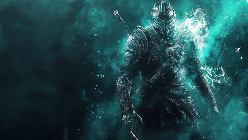 Spectral armored knight in teal ethereal flame burst field