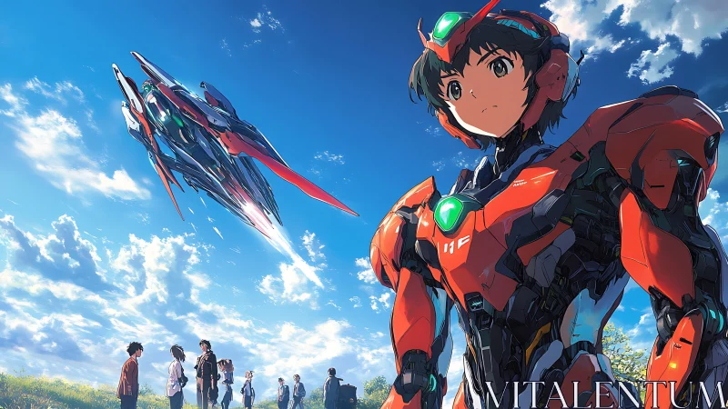 Mecha pilot in red exosuit beneath soaring fighter craft.