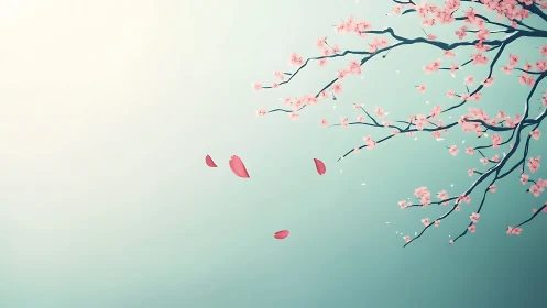 Minimalist cherry blossom branch over pale teal sky.